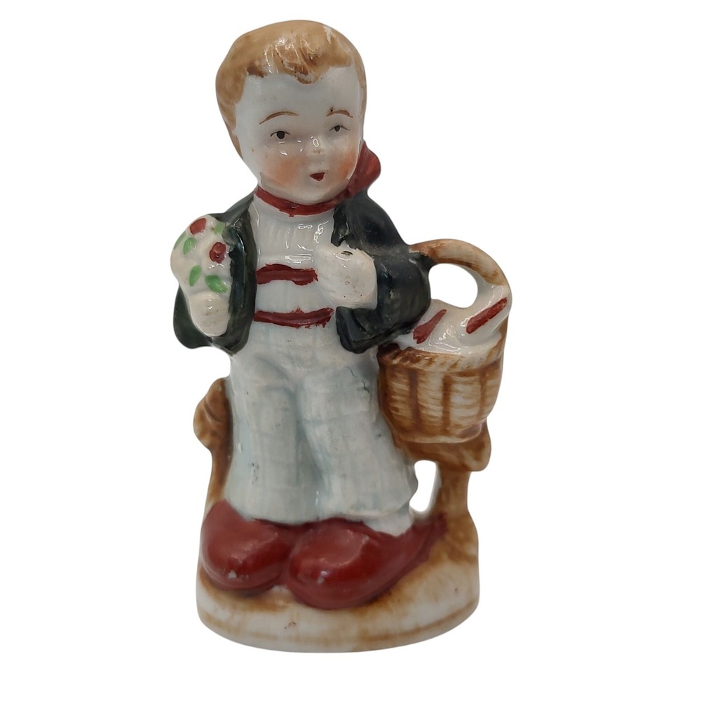 Occupied Japan Little‎ Boy Figurine Ceramic Basket and Flower Bouquet Four Inch